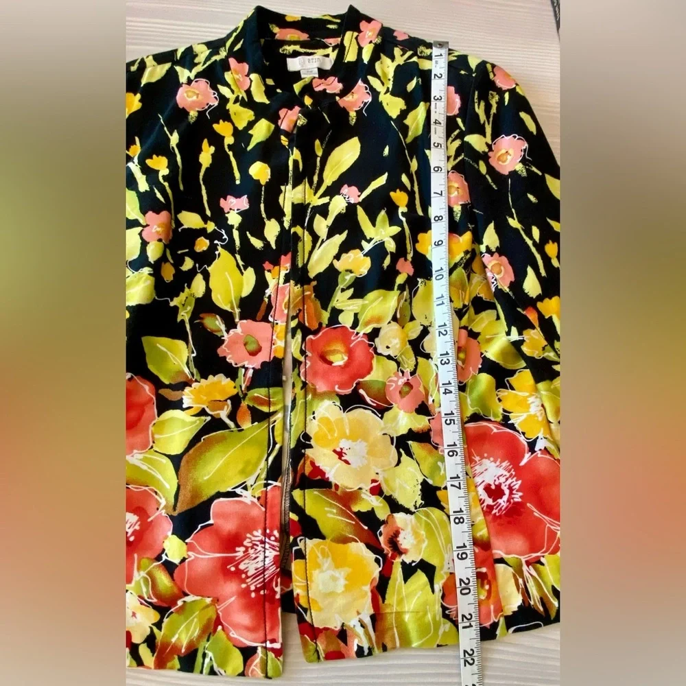 Erin London Petite Medium Floral Open Front Jacket Fitted Black Pink Yellow